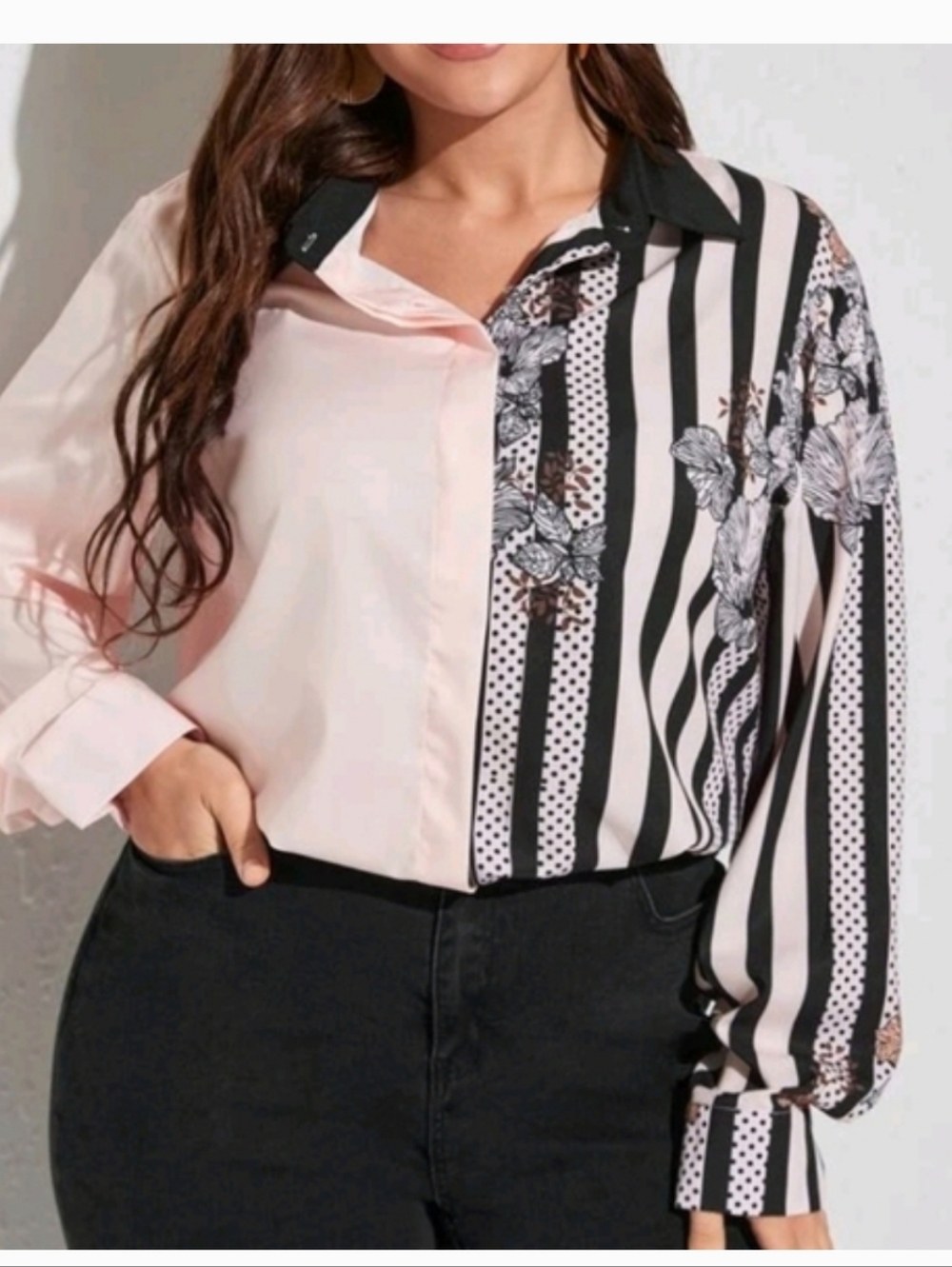 SHEIN Two-Tone Pink & Black Mixed Stripe Floral Button-Down Shirt